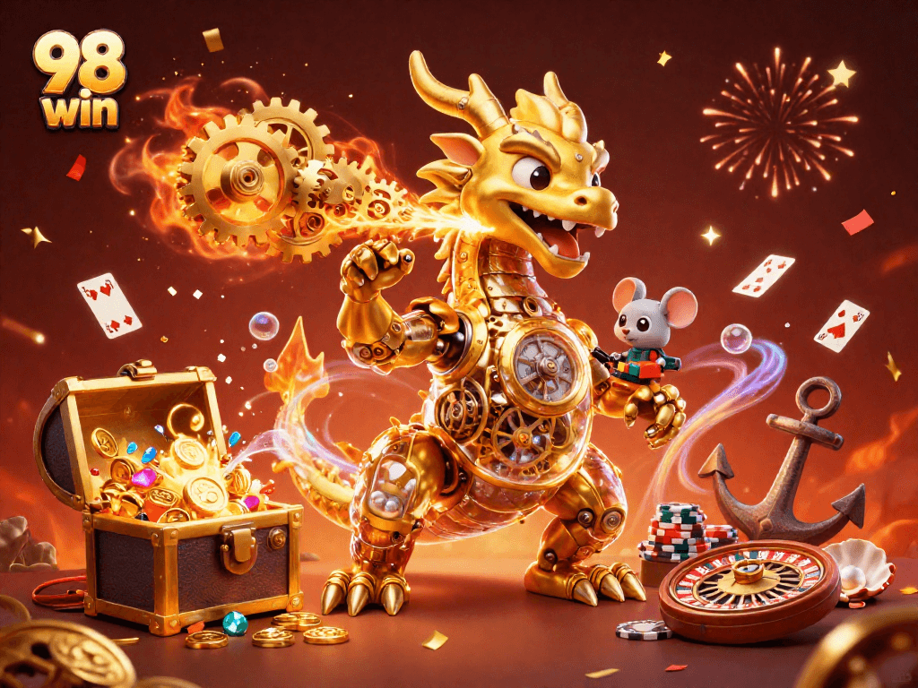 Experience winning thrills with 98 win's golden dragon and vibrant casino elements.