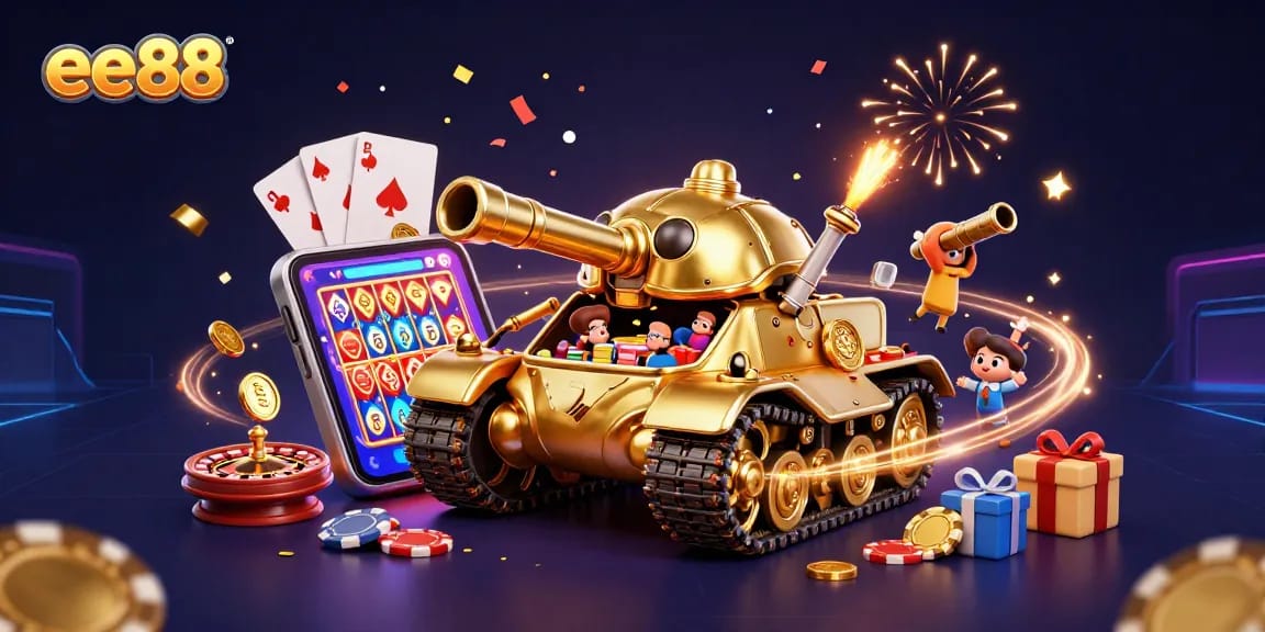 Play thrilling games at ee88 casino with a vibrant 3D scene showcasing slot games and golden casino elements.