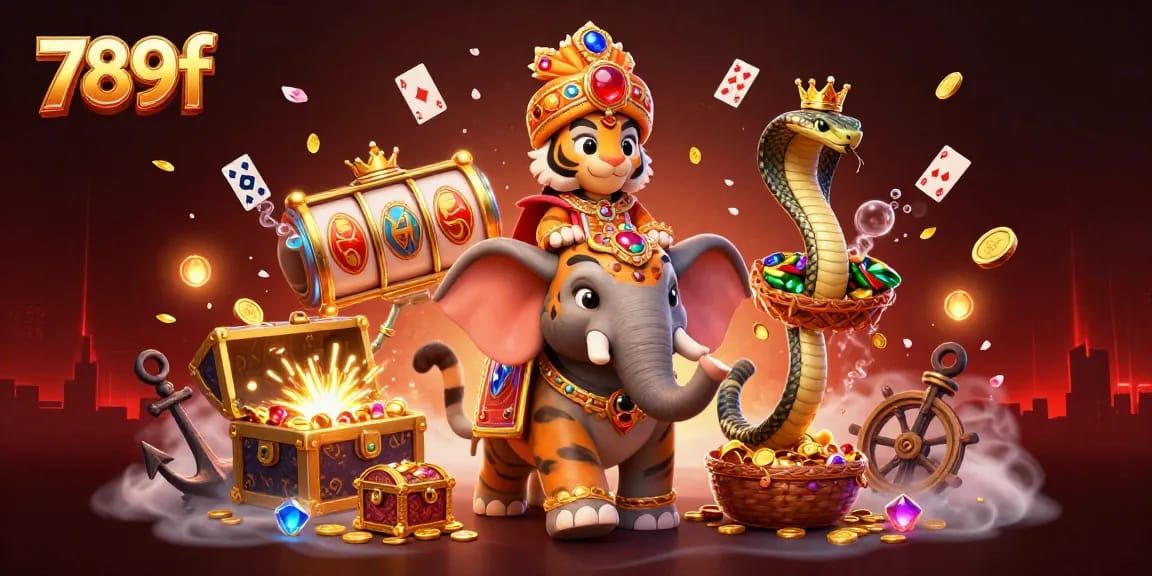 Experience thrilling wins with 789f in this vibrant casino scene featuring a tiger and elephant.