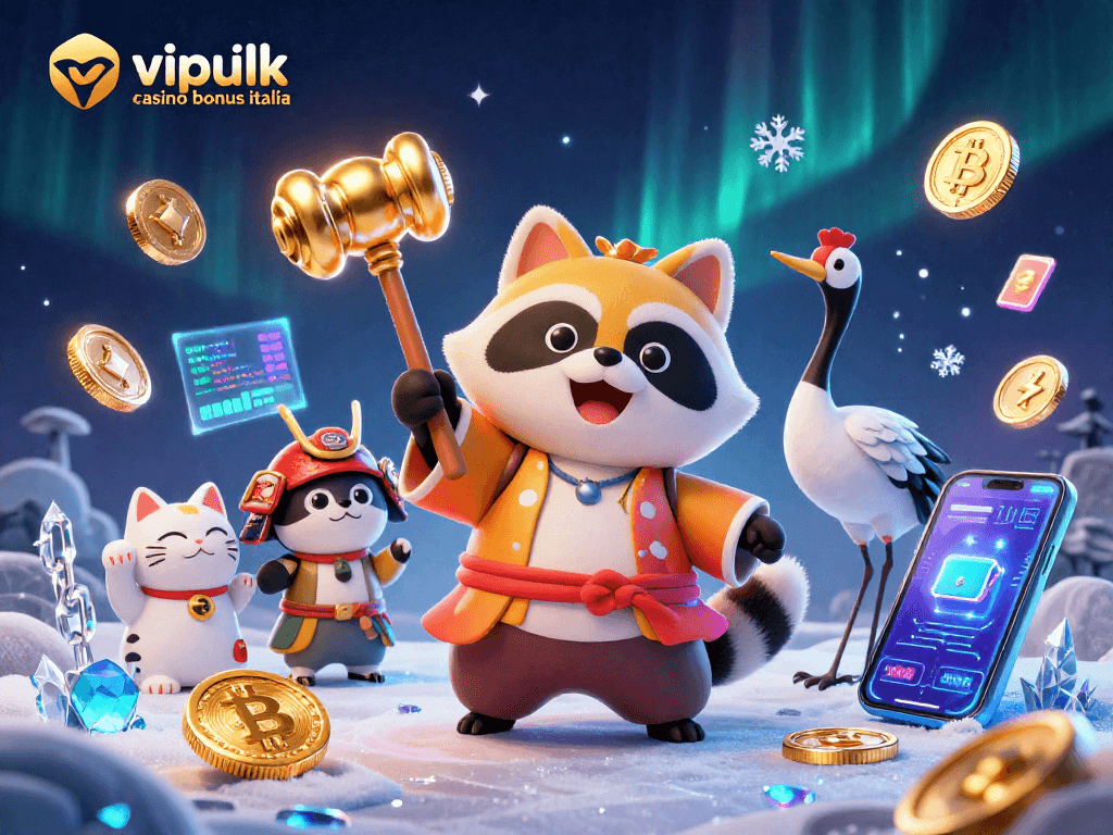 Immagine grafica di vipluck casino bonus italia con un tanuki e gatti maneki-neko in un contesto di gioco d'azzardo.