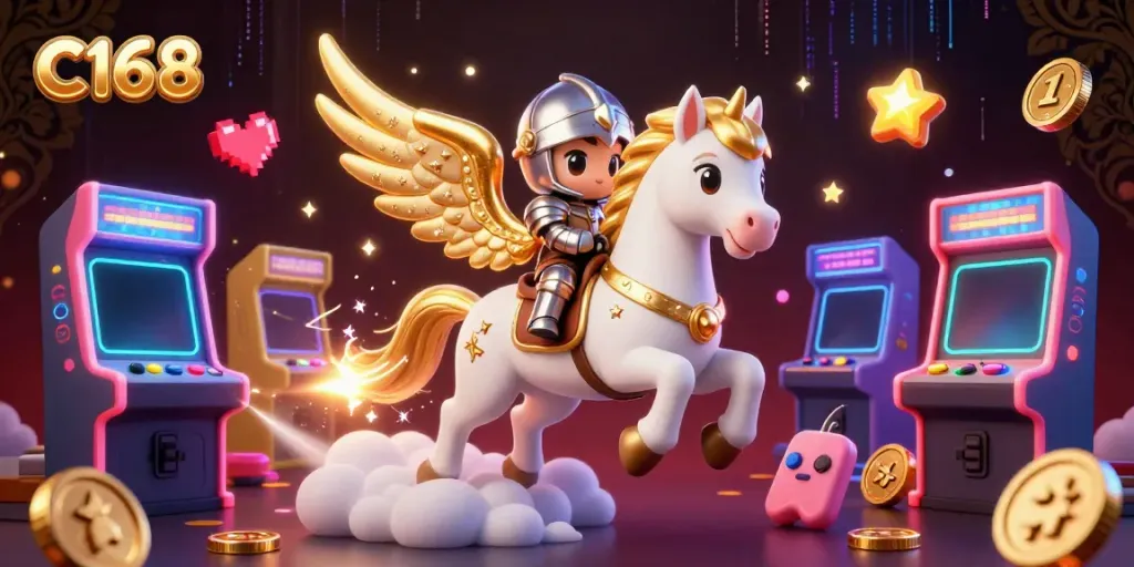 Experience thrilling wins at C168 with an enchanting celestial scene showcasing games and shimmering casino elements.