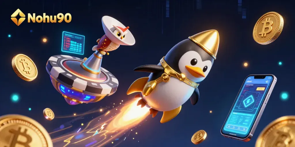 Experience thrilling wins with Nohu90 as a golden penguin launches towards a cosmic poker chip casino.