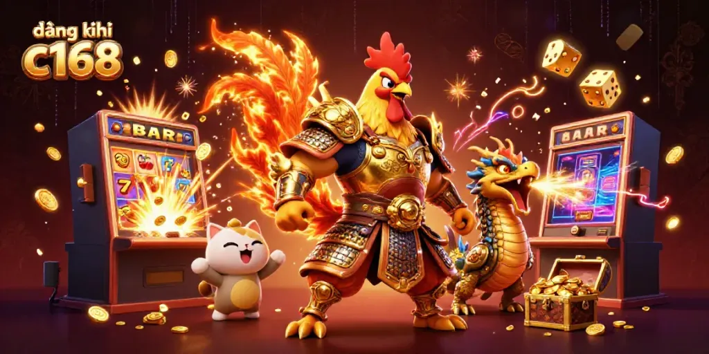 Engage in thrilling games with đăng ký c168, featuring a dynamic rooster warrior, dragon hatchling, and fortune cat.