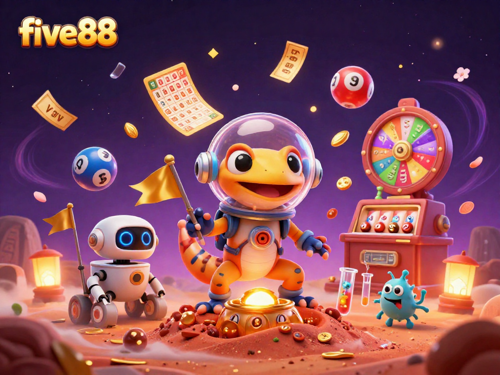 Experience thrilling gaming at five88 with vibrant lottery balls and playful Martian gecko in a lively casino scene.