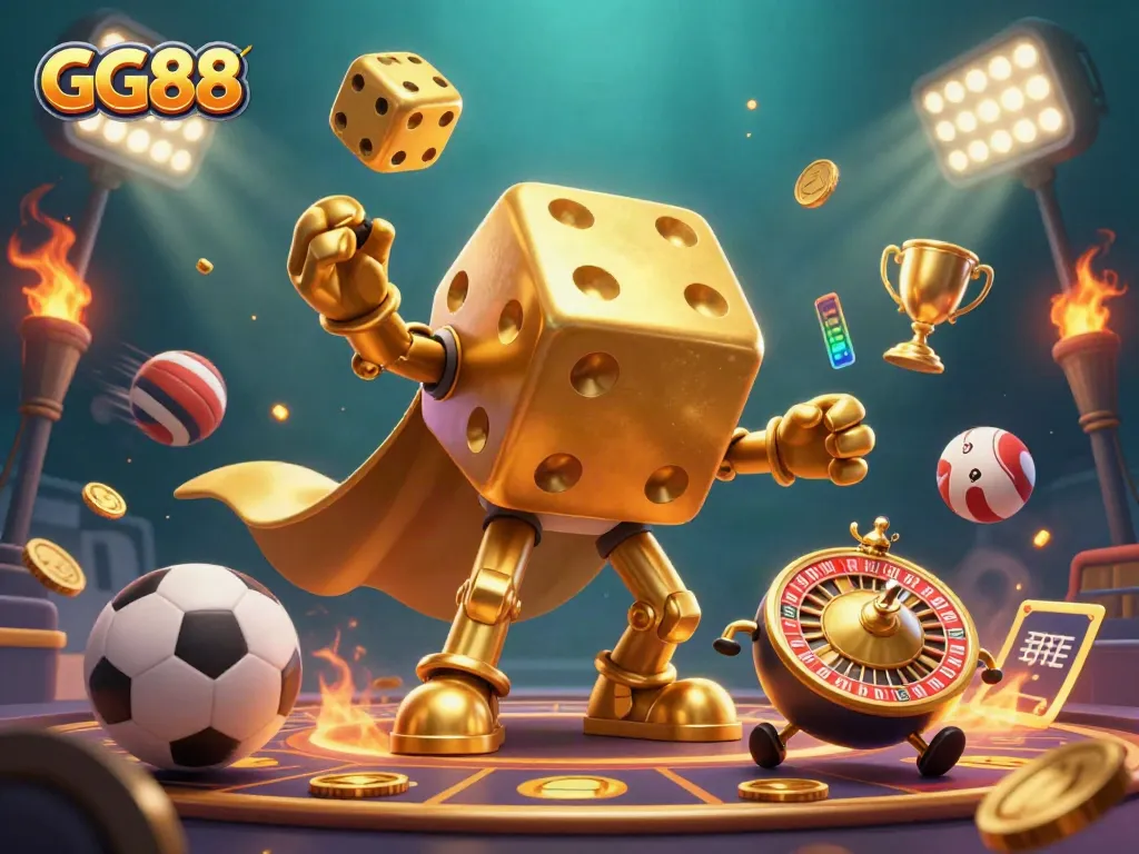 Experience GG88's thrilling gaming atmosphere with a golden dice golem and dynamic sports elements.