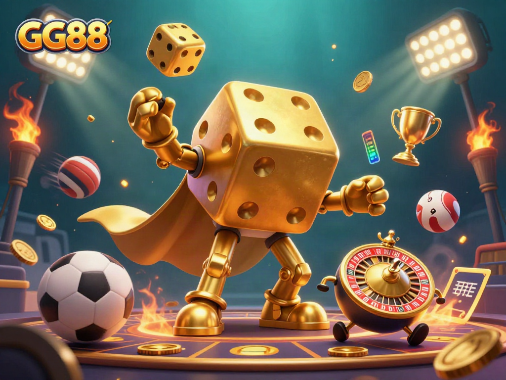 Experience GG88's thrilling gaming atmosphere with a golden dice golem and dynamic sports elements.