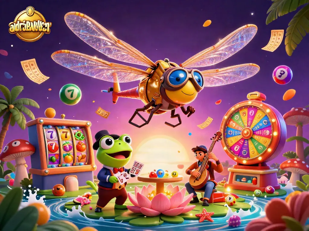 Experience adriaenblocknyc with a vibrant casino scene featuring a dragonfly pilot and frog croupier.