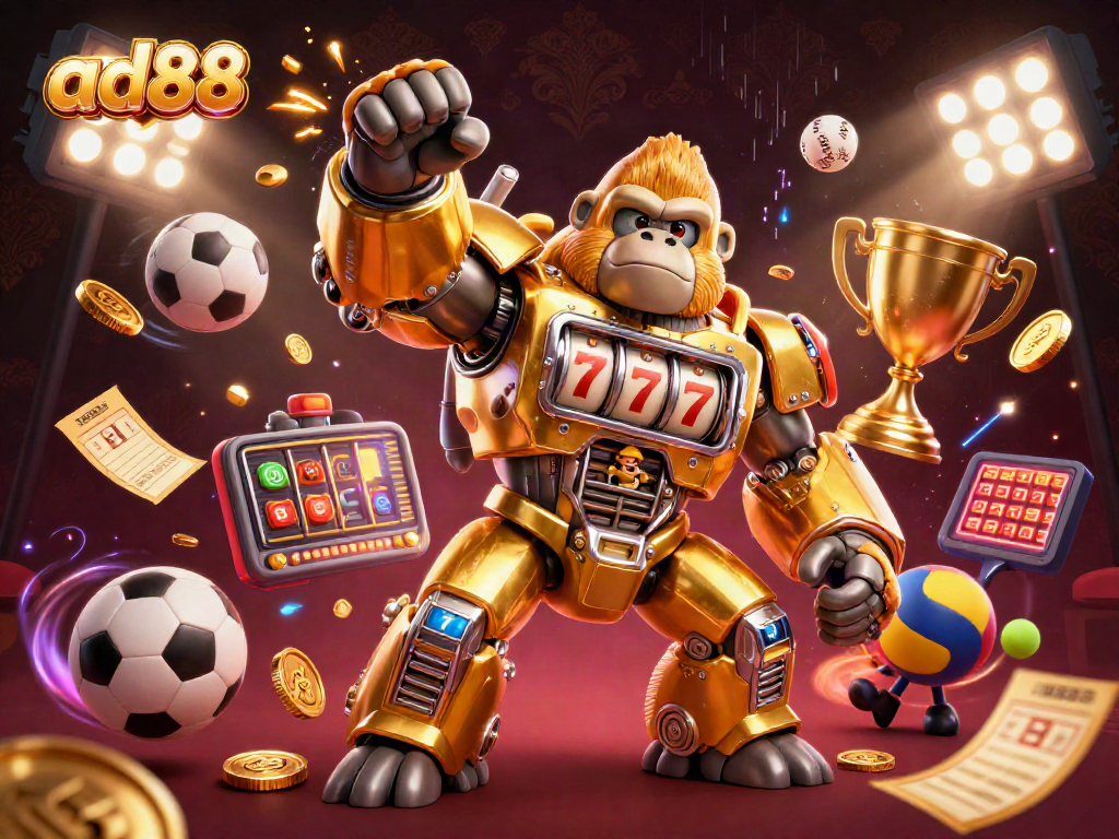 Experience ad88 thrills with a dynamic gorilla mech, sports elements, and vibrant casino energy!