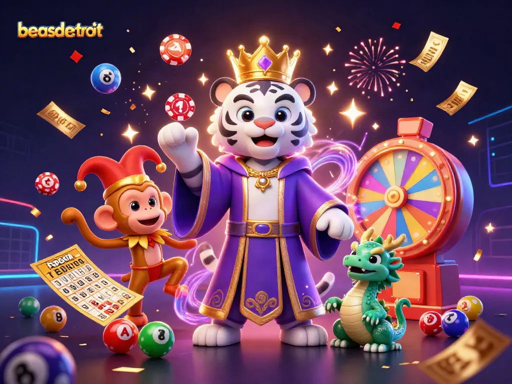 Engage with beasdetroit's vibrant casino experience, highlighted by a majestic tiger and lively gaming elements.