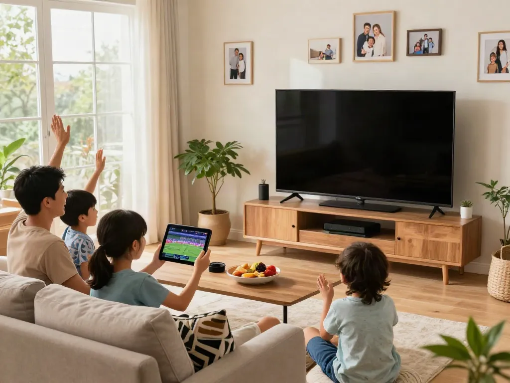 Miglior IPTV family enjoying sports streaming together in a cozy living room