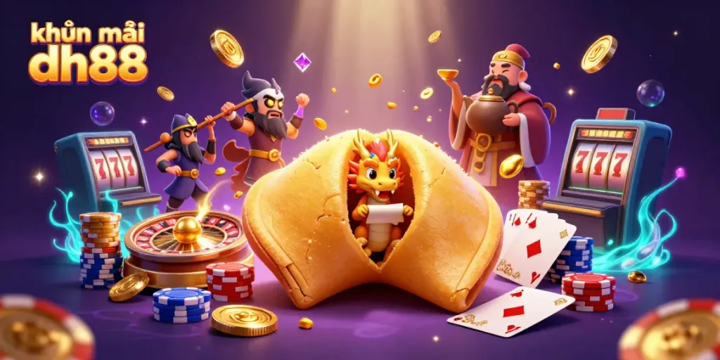 Engage with khuyến mãi dh88 through a stunning casino-themed illustration showcasing exciting gaming elements and dynamic characters.