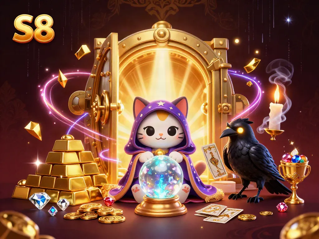 Engaging scene featuring S8 casino with a mystic cat, raven, and glowing candle flames surrounded by treasures.
