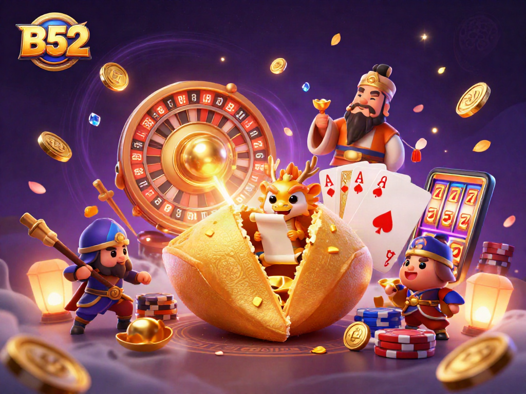 B52 slot machines light up the casino with golden coins cascading from a wise dragon’s cookie fortune.