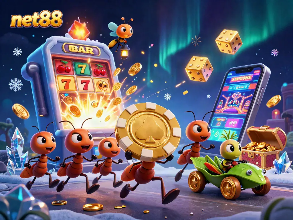 net88 ants escape with a giant poker chip in a vibrant casino heist scene