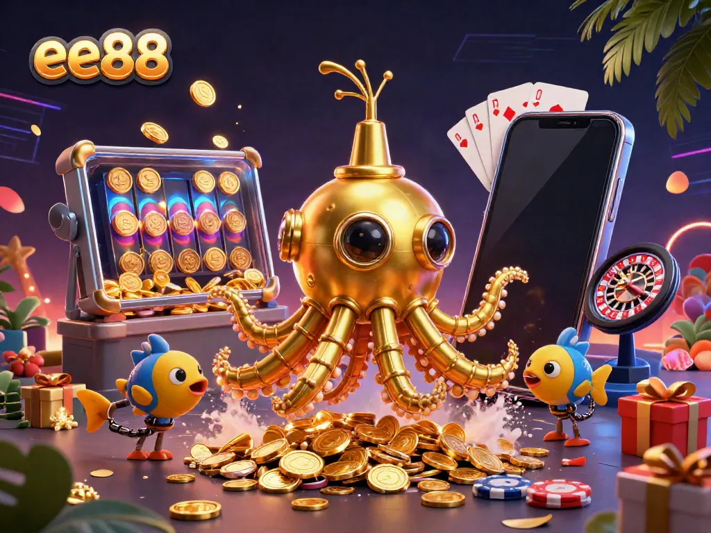 Experience the thrill of ee88 with golden treasures and dynamic gaming elements in this vibrant casino scene.