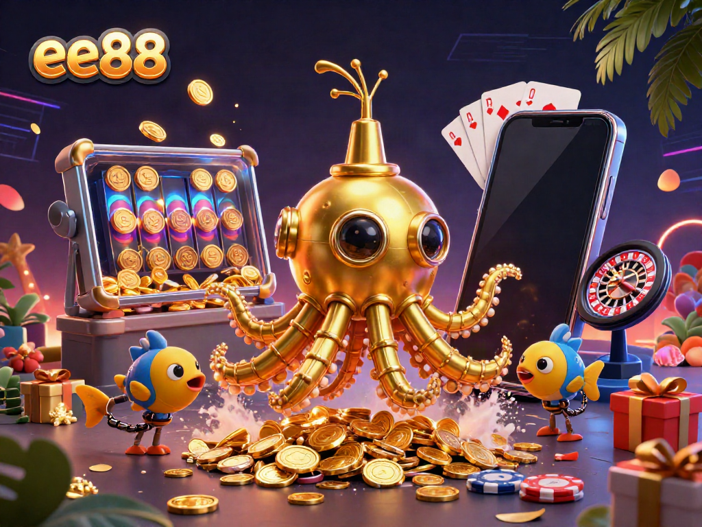 Experience the thrill of ee88 with golden treasures and dynamic gaming elements in this vibrant casino scene.