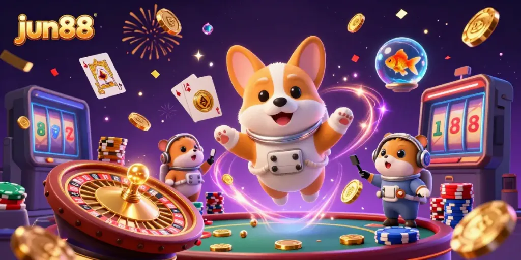 Experience jun88 action with a 3D astronaut corgi in a floating casino, featuring poker chips and golden coins.