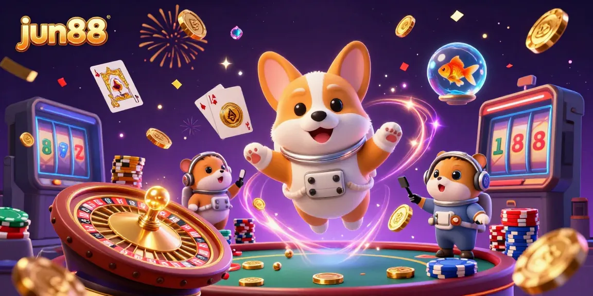 Experience jun88 action with a 3D astronaut corgi in a floating casino, featuring poker chips and golden coins.
