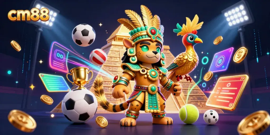 Experience the excitement of cm88 with vibrant 3D Mayan and sports elements dynamically interacting