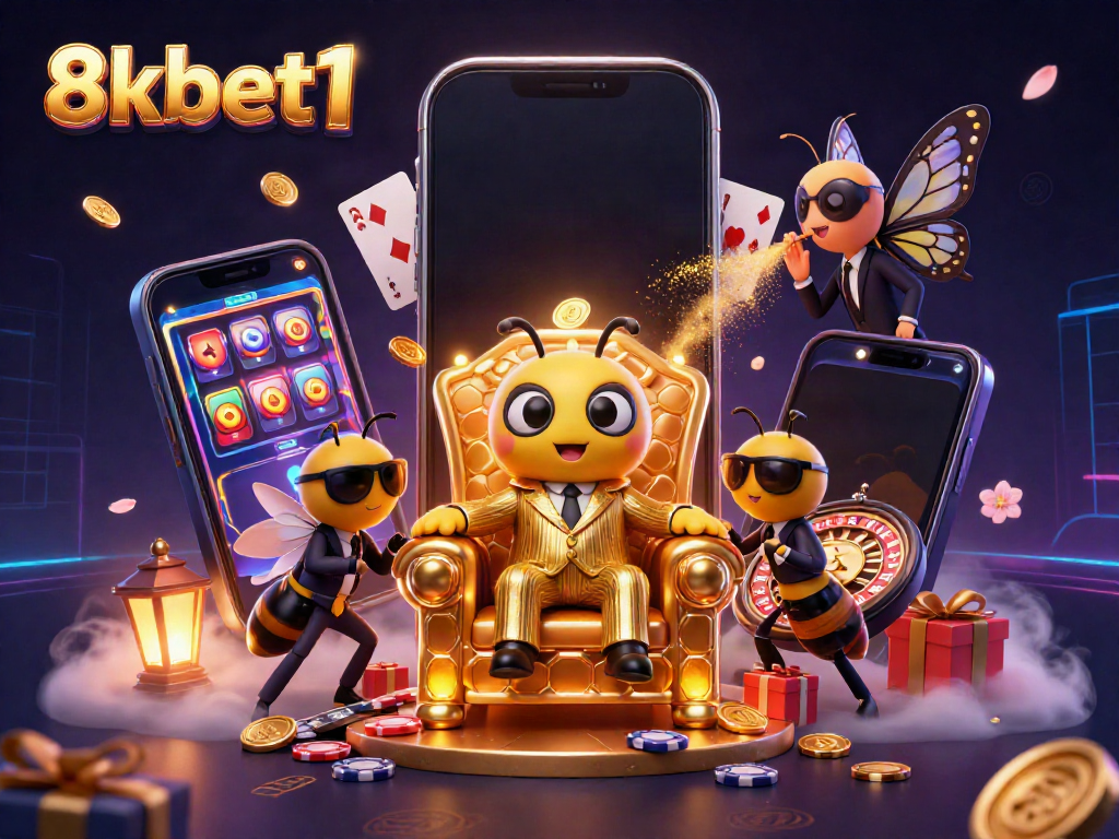 Engage in thrilling gaming at 8xbet1 with vibrant characters, spinning slot games, and a luxurious atmosphere.