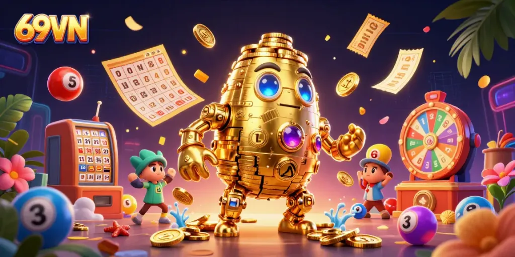 Experience thrilling gameplay at 69VN with dynamic elements of colorful lottery balls and golden coins.