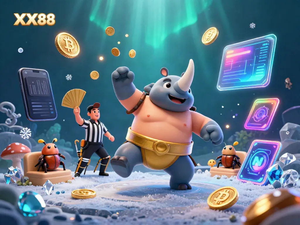 Win big with XX88 in a vibrant 3D gambling scene featuring dynamic characters and crypto elements.