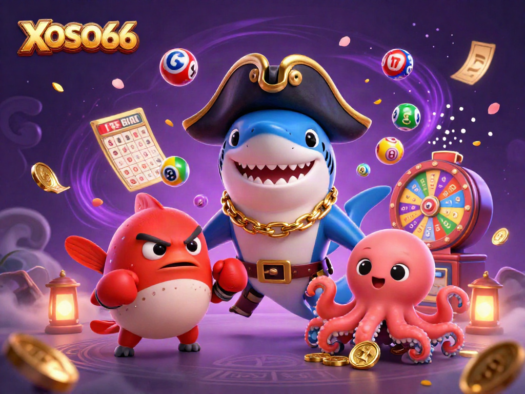 XOSO66 engages players with exciting games through a vibrant 3D illustration of a pirate shark and friends.