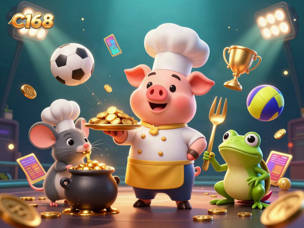 Experience the excitement of C168 with a lively scene featuring a chef pig, sous-chef mouse, and critic frog amid flying sports elements.