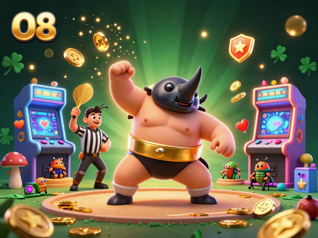 Experience the excitement of O8 casino games with the dynamic sumo champion beetle and vibrant gaming elements.