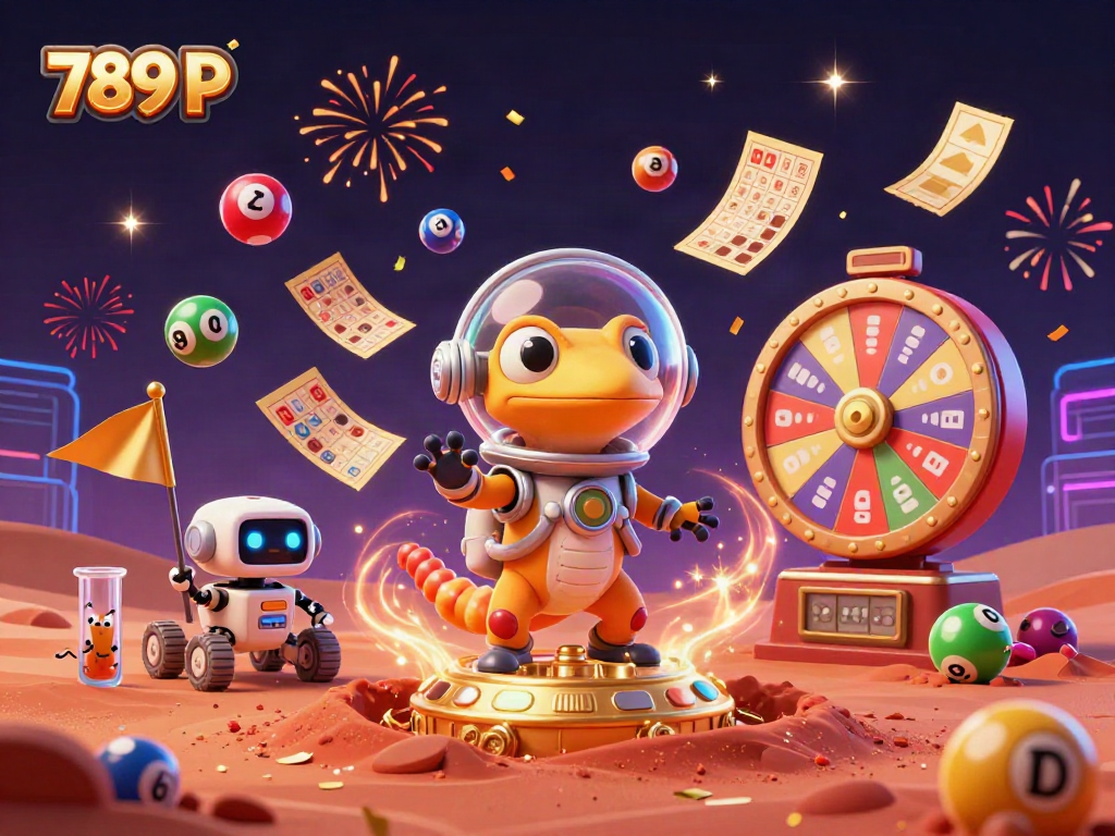 Engage with 789 P's vibrant casino scene, featuring dynamic lottery elements and cheerful characters.