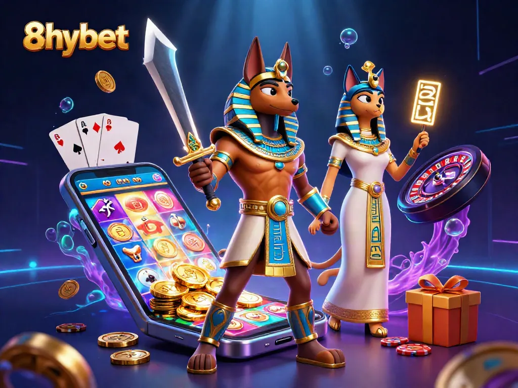 Experience thrilling wins with 8xbet as Anubis and Bastet celebrate in a vibrant casino scene.
