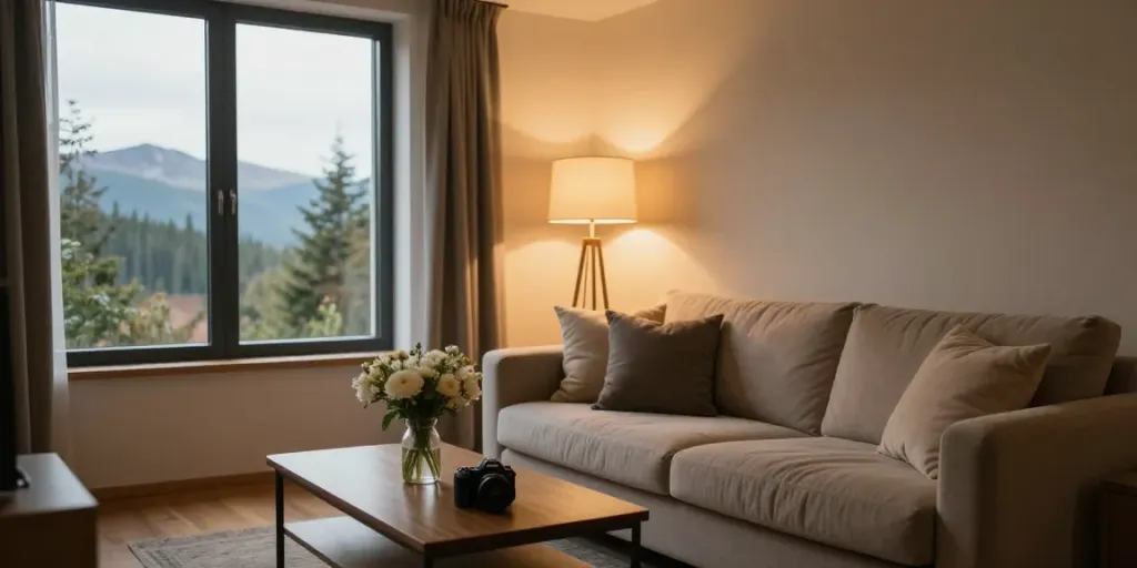 Cozy interior of a discreet apartment in the north, featuring inviting décor and soft lighting.