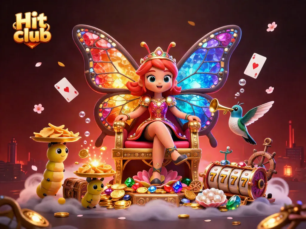 Experience the thrilling atmosphere of Hit club with a vibrant casino-themed illustration featuring a butterfly queen and treasures.