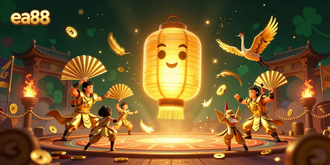 Engage with a vibrant ea88 casino scene featuring a golden lantern spirit amidst dynamic gaming elements.