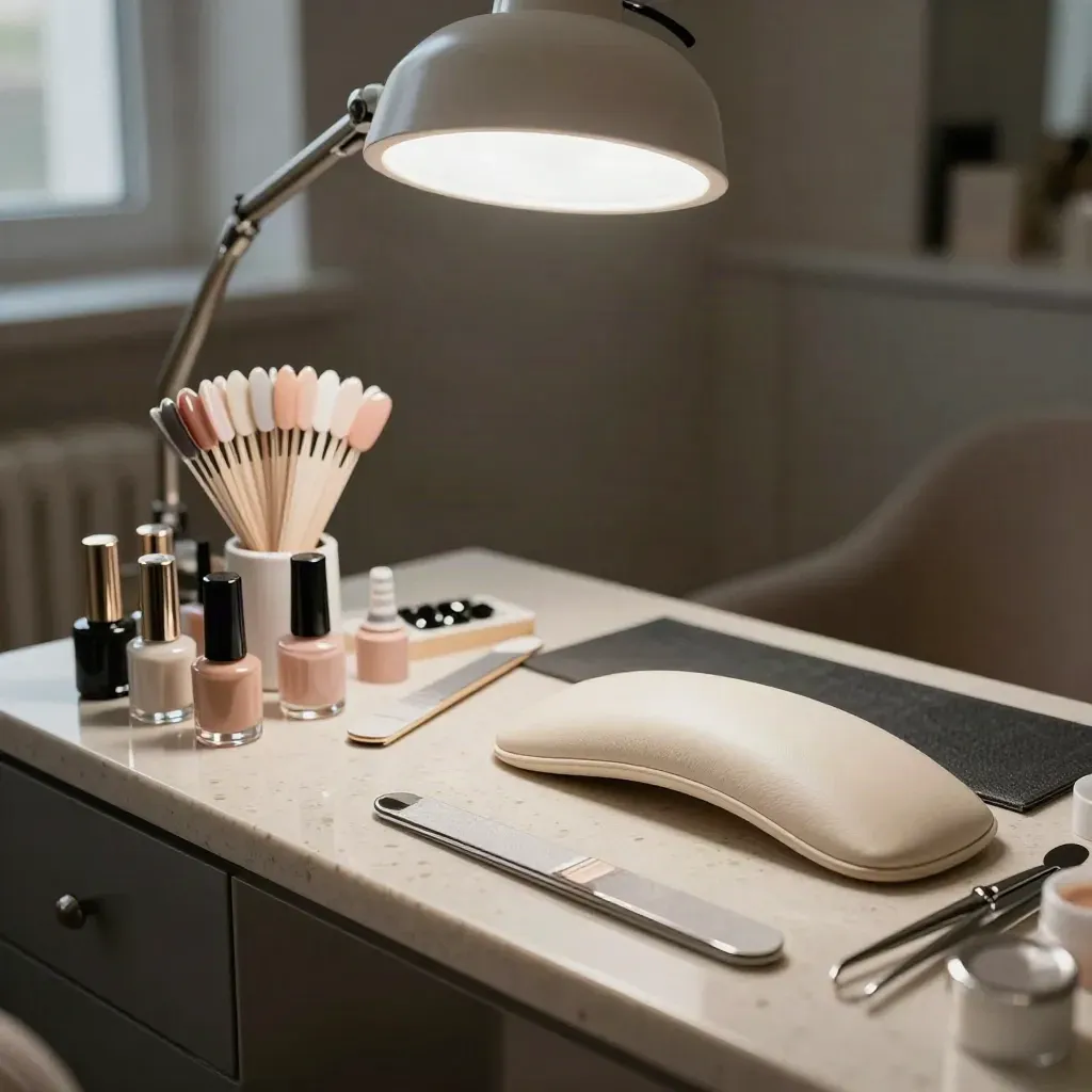 Stazione manicure con lampada LED spenta, ruota colori nude e smalti chiusi su travertino
