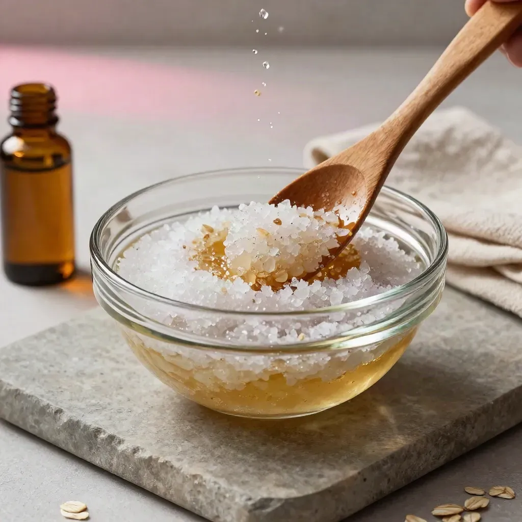Ciotola di vetro con scrub corpo mescolato, spatola in legno e cristalli su pietra.