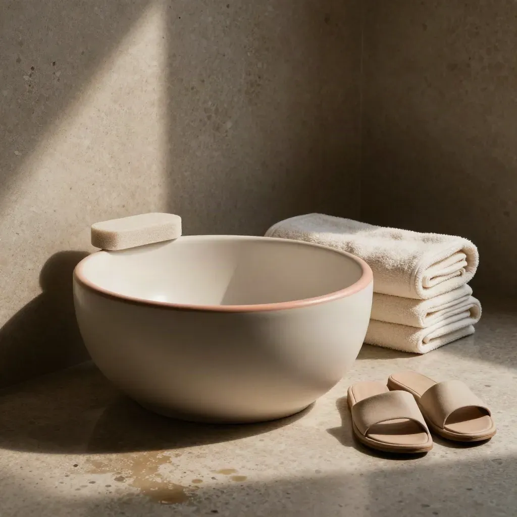 Angolo pedicure con bacinella in ceramica, asciugamani morbidi e sandalo neutro