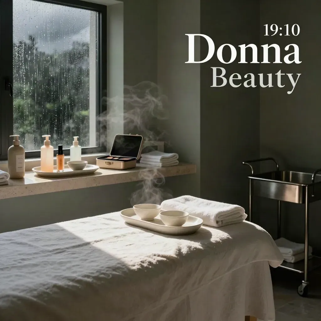 Cabina spa elegante con lettino in lino, vassoi in ceramica e luce dopo il temporale.