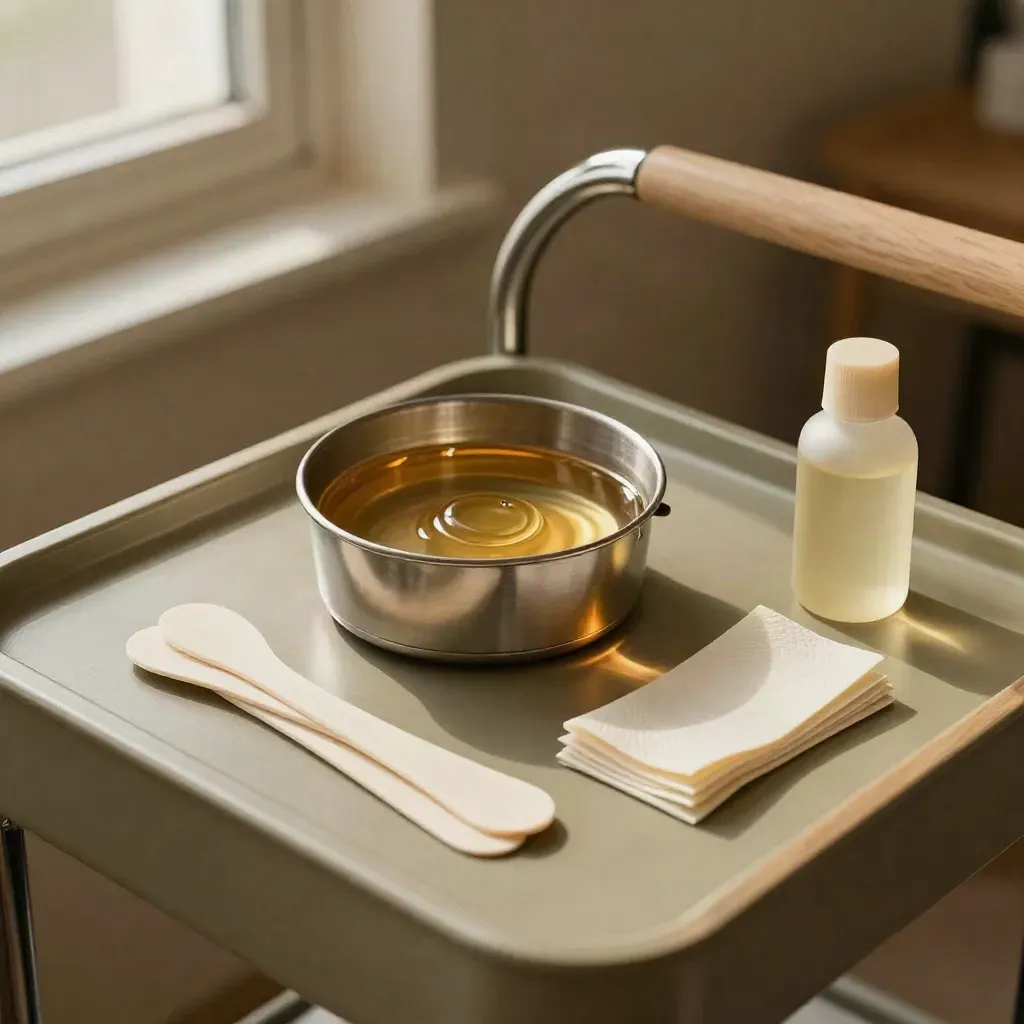 Carrello ceretta con scaldacera, spatole, strisce piegate e olio lenitivo in luce calda