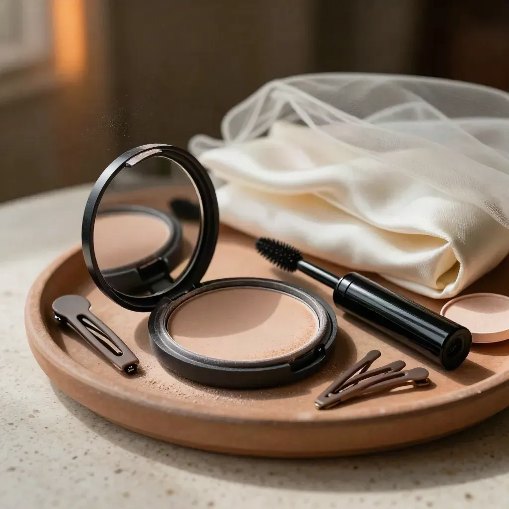 Vanity da sposa con cipria, mascara chiuso, pinze e velo in raso, luce calda e polvere sospesa.