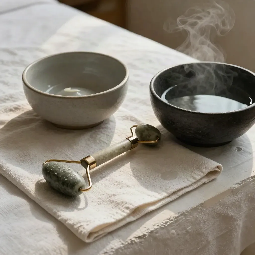 Lettino post-facial con ciotola maschera, roller freddo e acqua aromatica in luce calda.