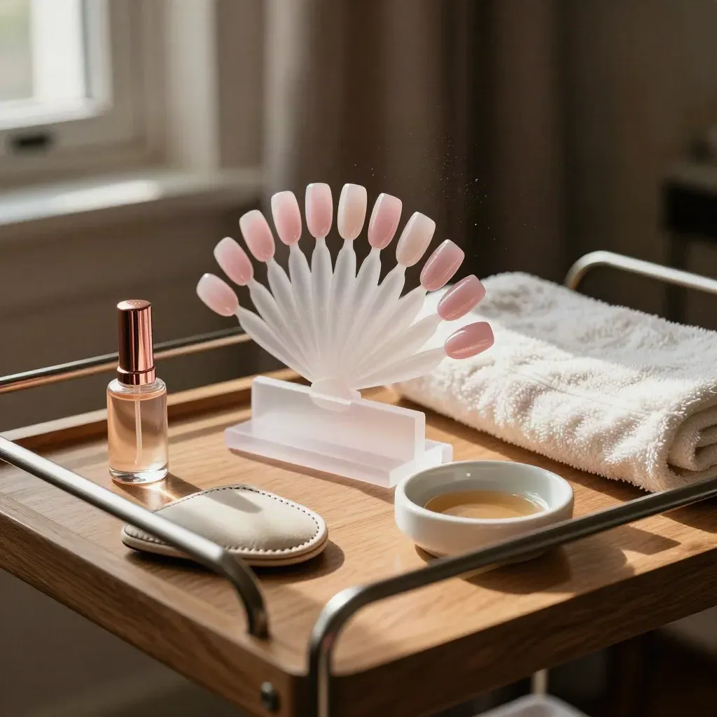 Set manicure bridal con tip rosa chiarissimo, olio cuticole e poggiamano su trolley caldo.