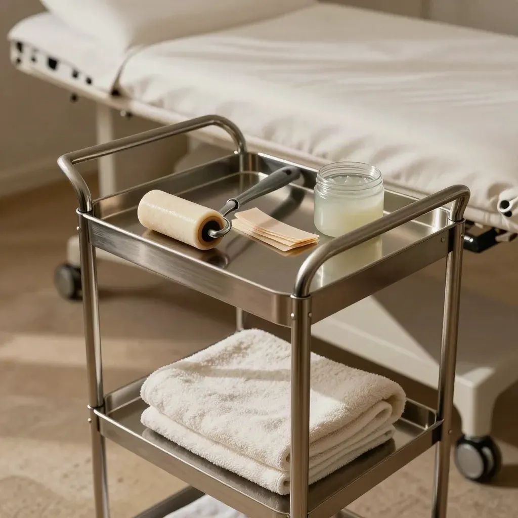 Carrello depilazione con rullo ceretta, strisce, gel lenitivo e telo, accanto al lettino.