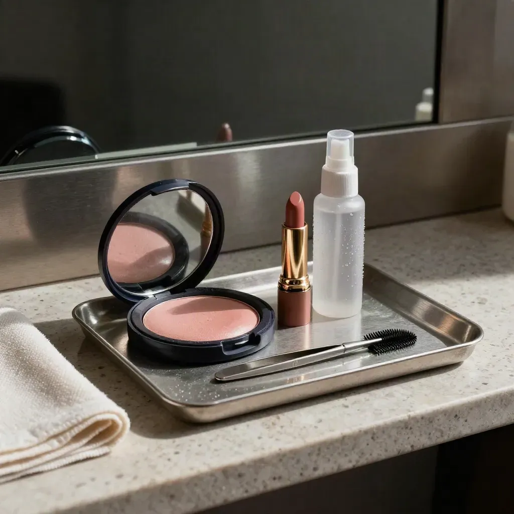 Kit trucco sposa su vassoio metallico, con cipria, rossetto nude, spray fissante e pettine sopracciglia.