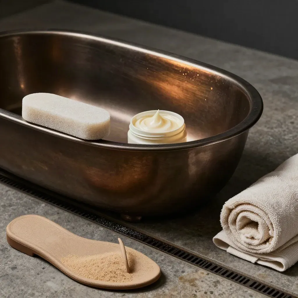 Bacinella pedicure con crema talloni, pietra pomice, asciugamani e sandalo chiaro su pietra scura