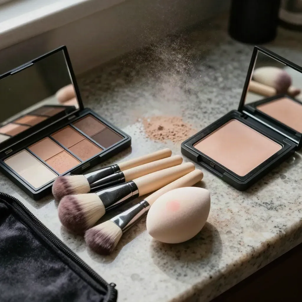 Palette trucco nude, pennelli morbidi, spugna e specchietto su banco in travertino.