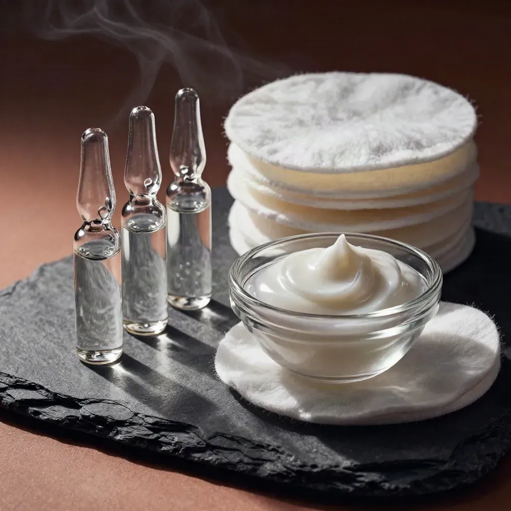 Ampolle skincare, contagocce, dischetti di cotone e campioni texture su pietra scura.
