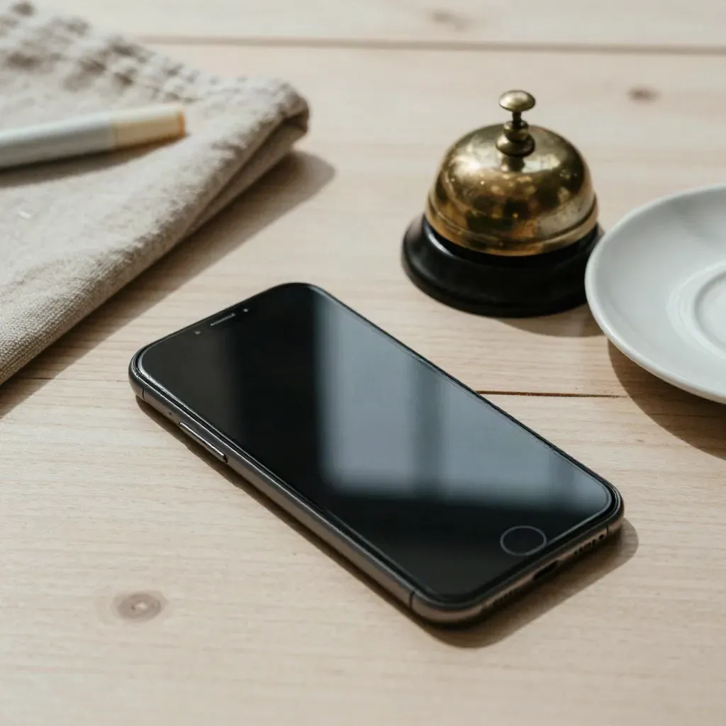 Smartphone scuro, campanello in ottone e piattino in ceramica su legno chiaro, luce morbida.
