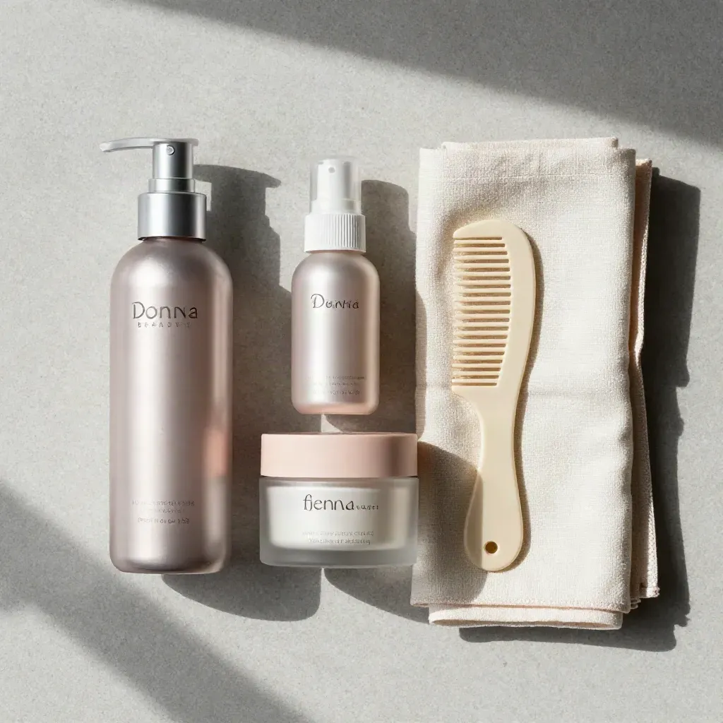 Flat lay del kit home-care con flaconi, crema corpo, pettine e asciugamano su pietra chiara.