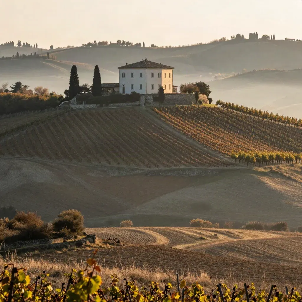 Collina piemontese al tramonto con filari, villa storica e bruma dorata sulle valli.